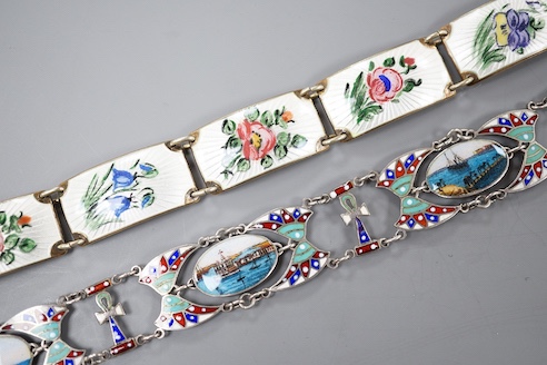 A Norwegian sterling and enamel floral bracelet, 16cm and one other 800 white metal and enamel bracelet, 19cm.